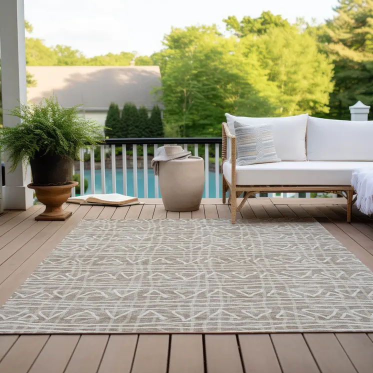 5' X 8' Taupe And Beige Geometric Washable Indoor Outdoor Area Rug