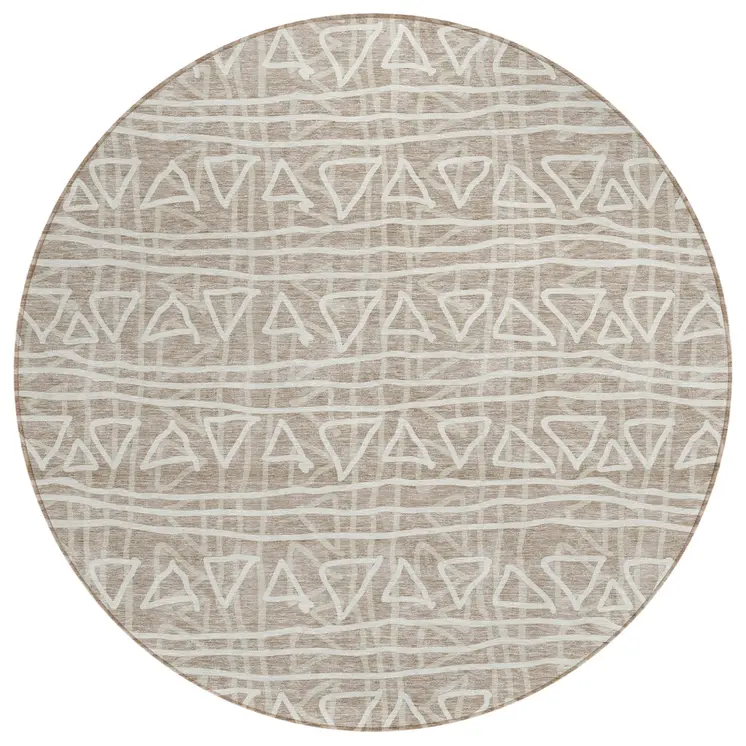 8' Taupe And Beige Round Geometric Washable Indoor Outdoor Area Rug