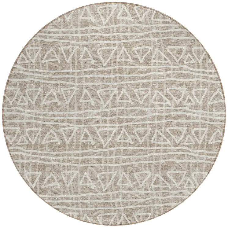 8' Taupe And Beige Round Geometric Washable Indoor Outdoor Area Rug