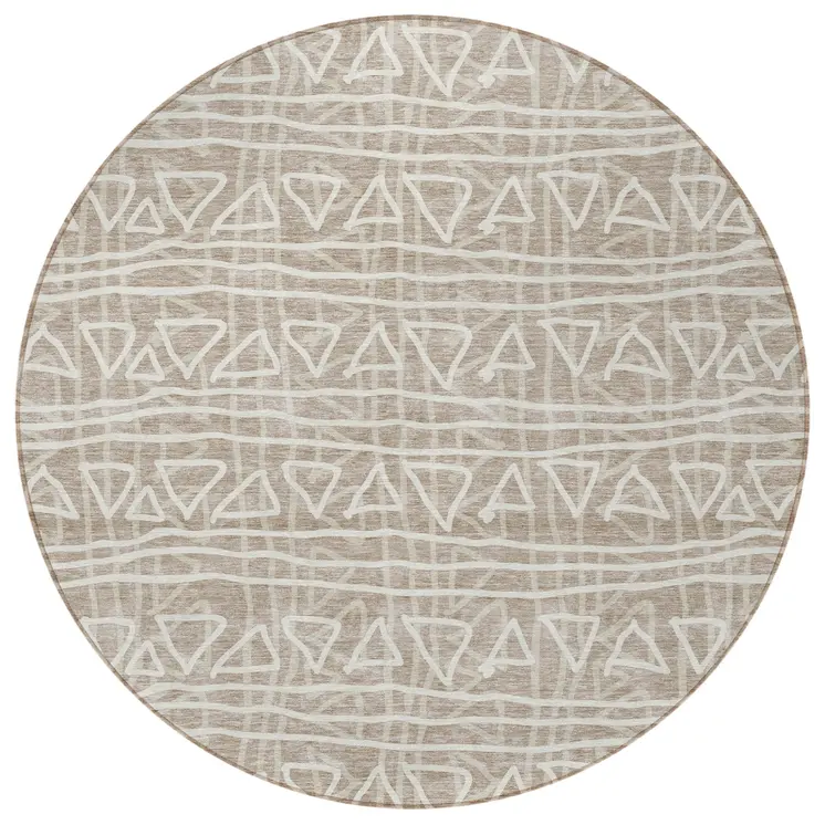 8' Taupe And Beige Round Geometric Washable Indoor Outdoor Area Rug