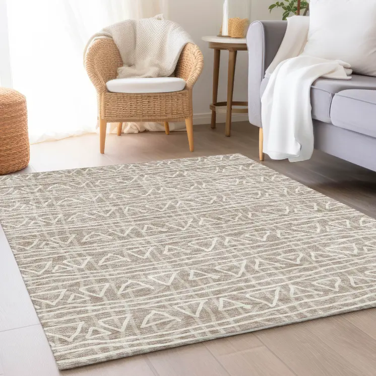 8' X 10' Taupe And Beige Geometric Washable Indoor Outdoor Area Rug