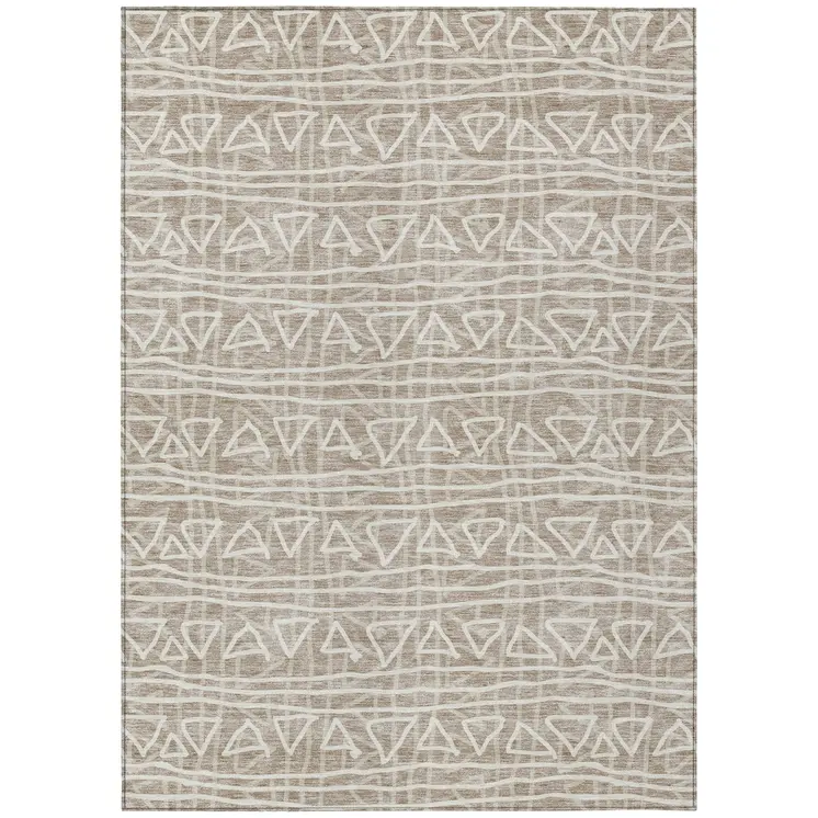 10' X 14' Taupe And Beige Geometric Washable Indoor Outdoor Area Rug
