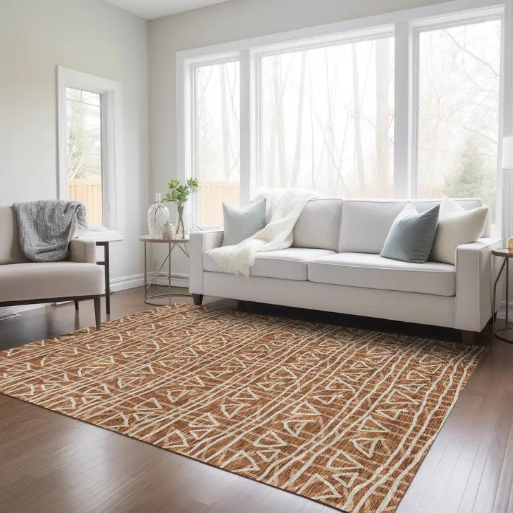 5' X 8' Terra Cotta Copper And Beige Geometric Washable Indoor Outdoor Area Rug