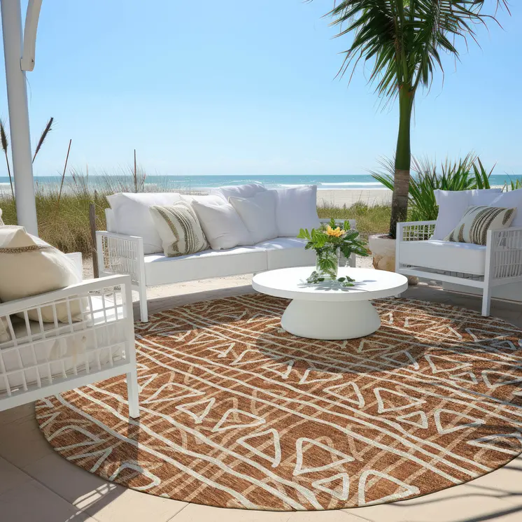 8' Terra Cotta Copper And Beige Round Geometric Washable Indoor Outdoor Area Rug