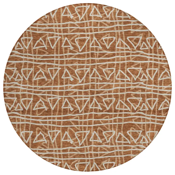 8' Terra Cotta Copper And Beige Round Geometric Washable Indoor Outdoor Area Rug