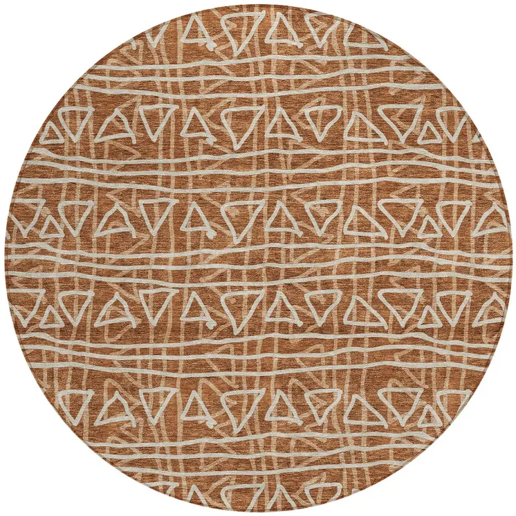 8' Terra Cotta Copper And Beige Round Geometric Washable Indoor Outdoor Area Rug