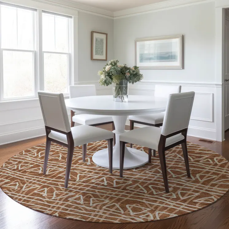 8' Terra Cotta Copper And Beige Round Geometric Washable Indoor Outdoor Area Rug