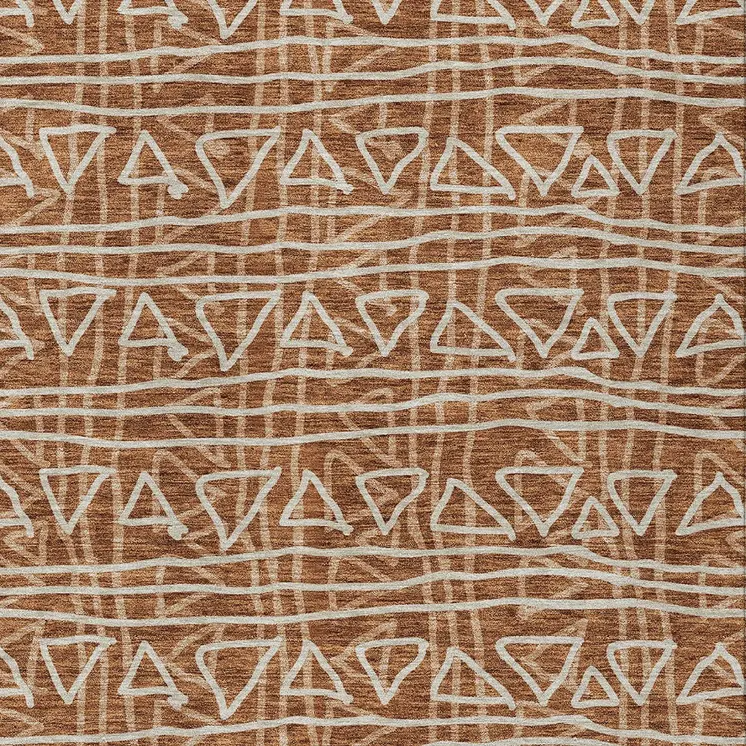 9' X 12' Terra Cotta Copper And Beige Geometric Washable Indoor Outdoor Area Rug