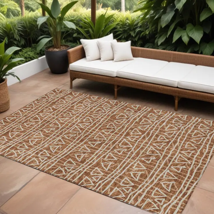 10' X 14' Terra Cotta Copper And Beige Geometric Washable Indoor Outdoor Area Rug