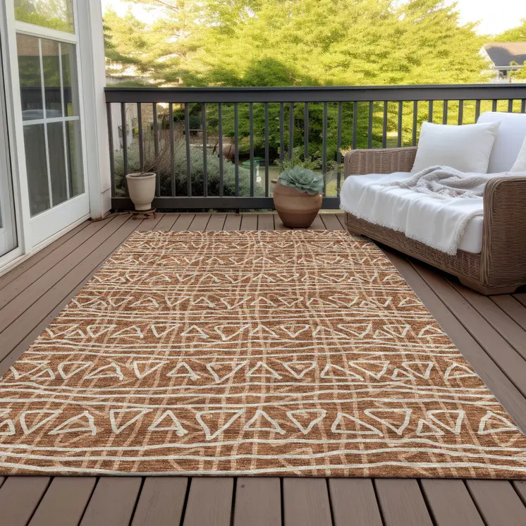 10' X 14' Terra Cotta Copper And Beige Geometric Washable Indoor Outdoor Area Rug