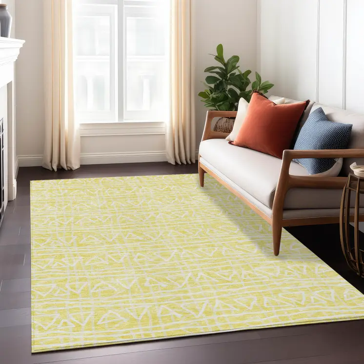 3' X 5' Yellow And Ivory Geometric Washable Indoor Outdoor Area Rug