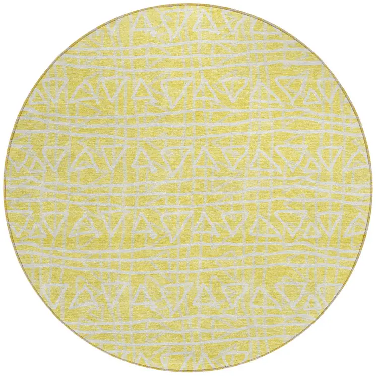 8' Yellow And Ivory Round Geometric Washable Indoor Outdoor Area Rug