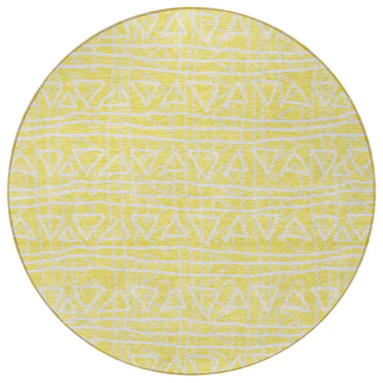 8' Yellow And Ivory Round Geometric Washable Indoor Outdoor Area Rug