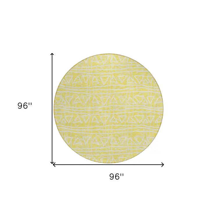 8' Yellow And Ivory Round Geometric Washable Indoor Outdoor Area Rug