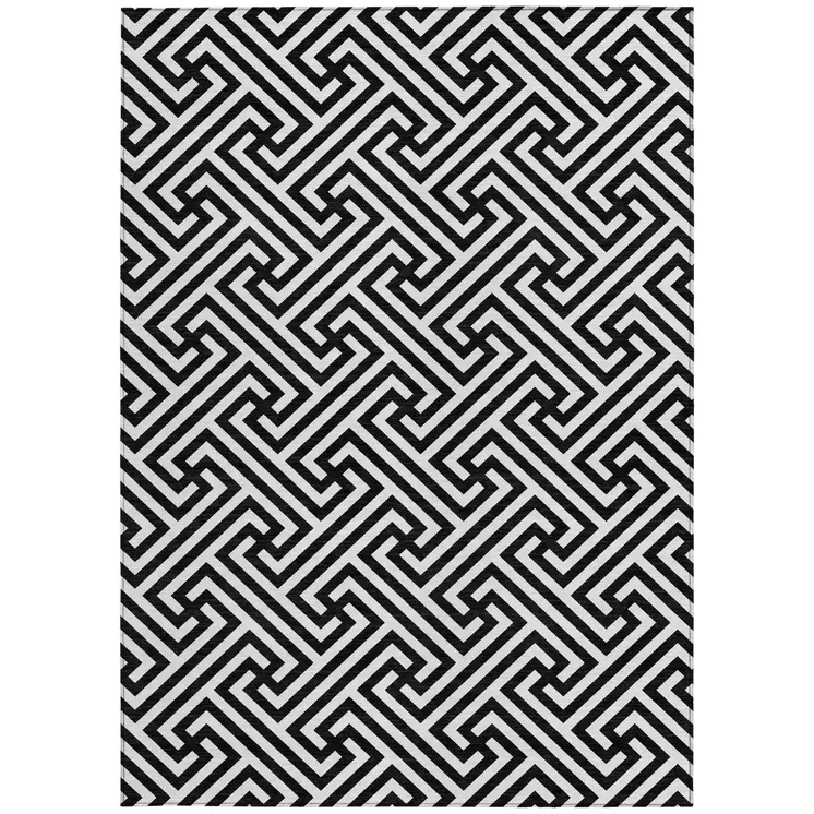 3' X 5' Black And Ivory Geometric Washable Indoor Outdoor Area Rug