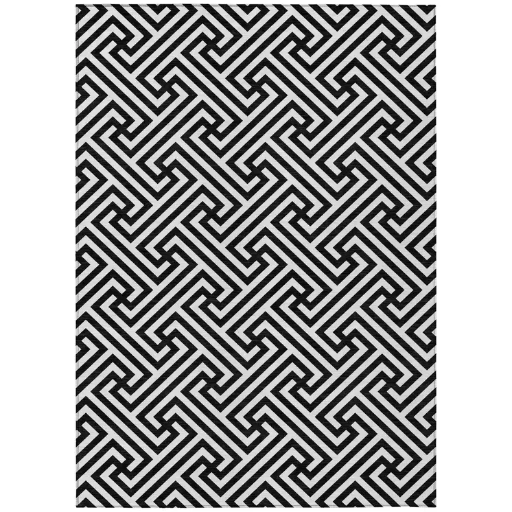 9' X 12' Black And Ivory Geometric Washable Indoor Outdoor Area Rug