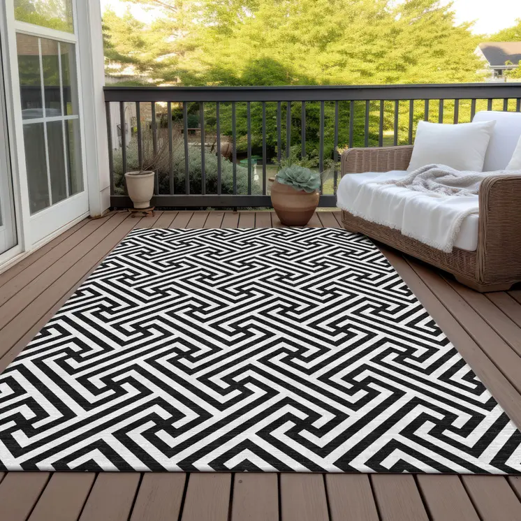 10' X 14' Black And Ivory Geometric Washable Indoor Outdoor Area Rug