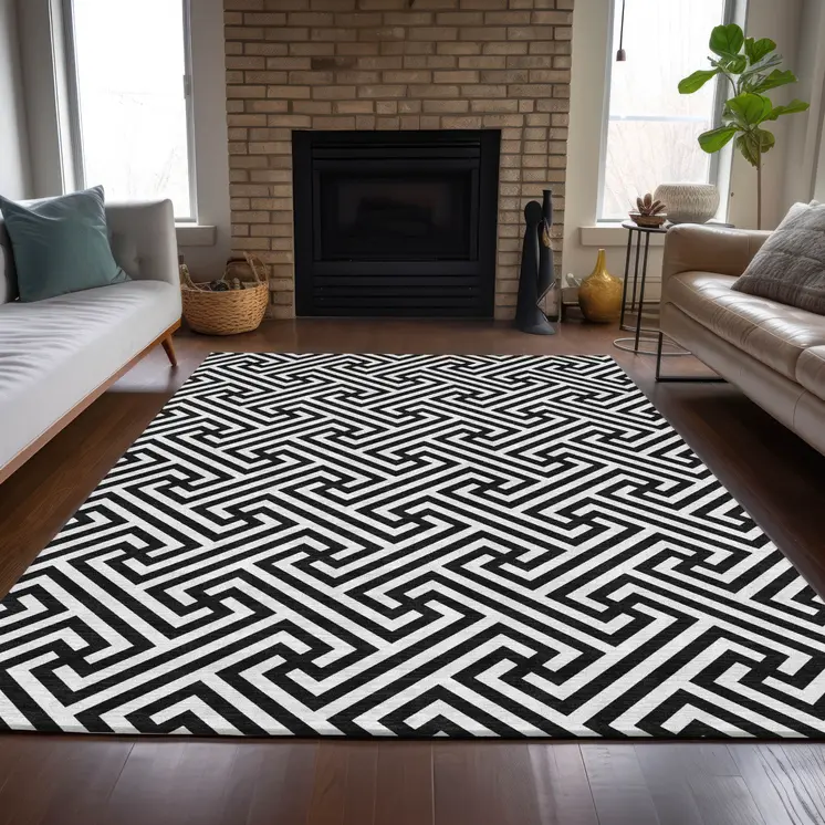 10' X 14' Black And Ivory Geometric Washable Indoor Outdoor Area Rug