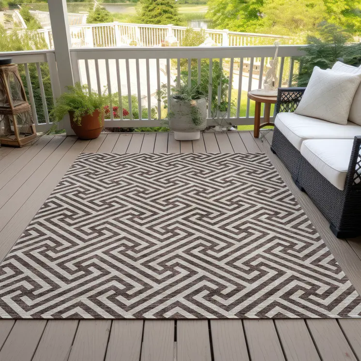 5' X 8' Brown And Beige Geometric Washable Indoor Outdoor Area Rug