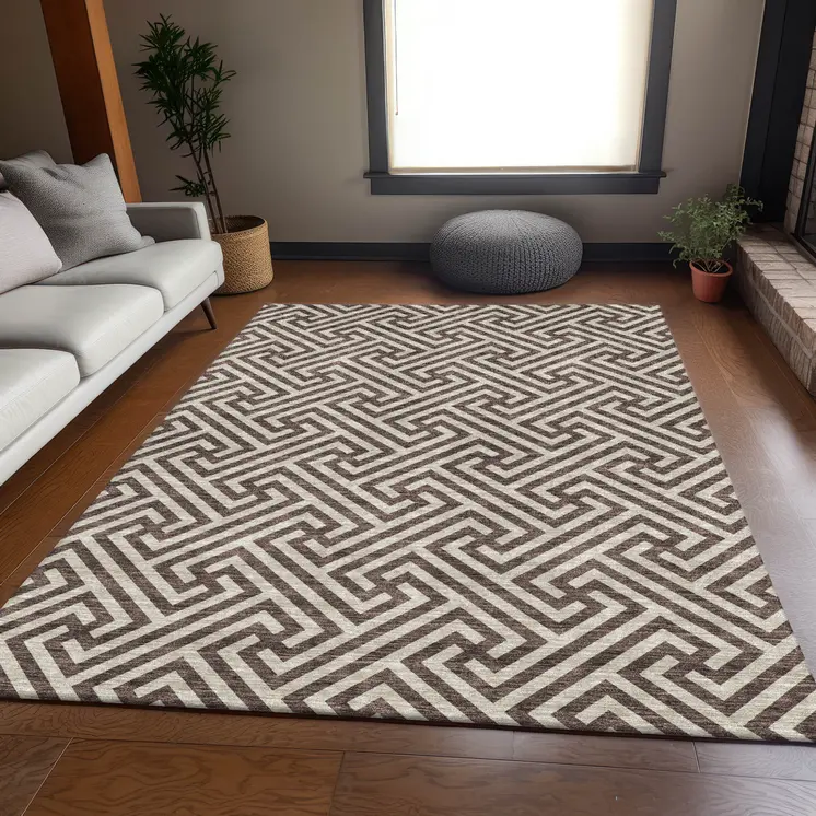 5' X 8' Brown And Beige Geometric Washable Indoor Outdoor Area Rug