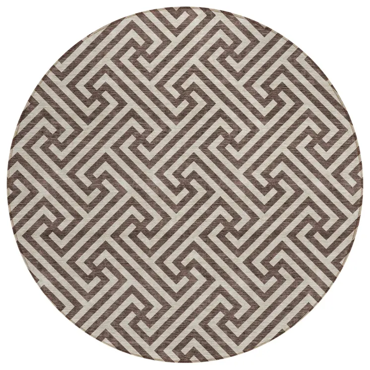 8' Brown And Beige Round Geometric Washable Indoor Outdoor Area Rug