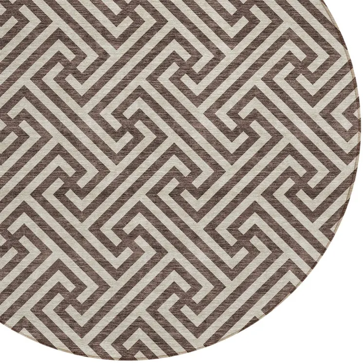8' Brown And Beige Round Geometric Washable Indoor Outdoor Area Rug
