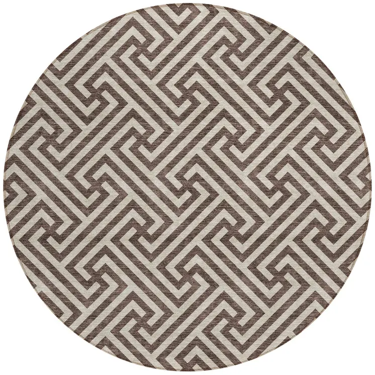 8' Brown And Beige Round Geometric Washable Indoor Outdoor Area Rug