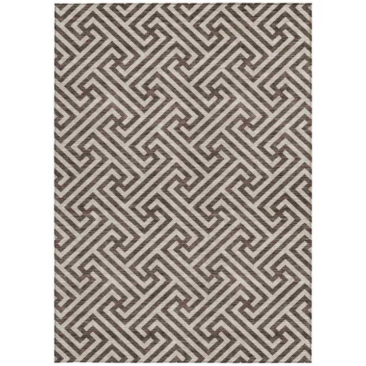 8' X 10' Brown And Beige Geometric Washable Indoor Outdoor Area Rug