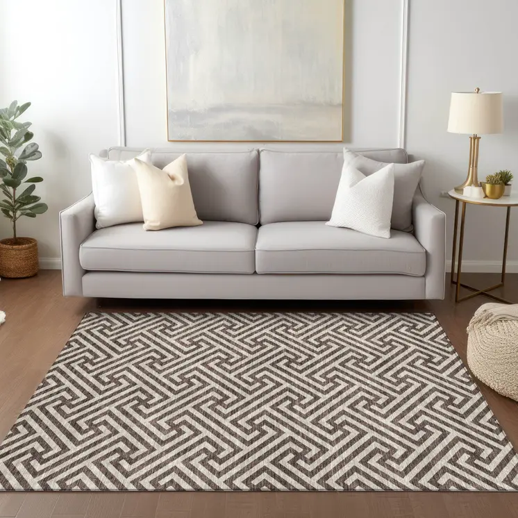 9' X 12' Brown And Beige Geometric Washable Indoor Outdoor Area Rug