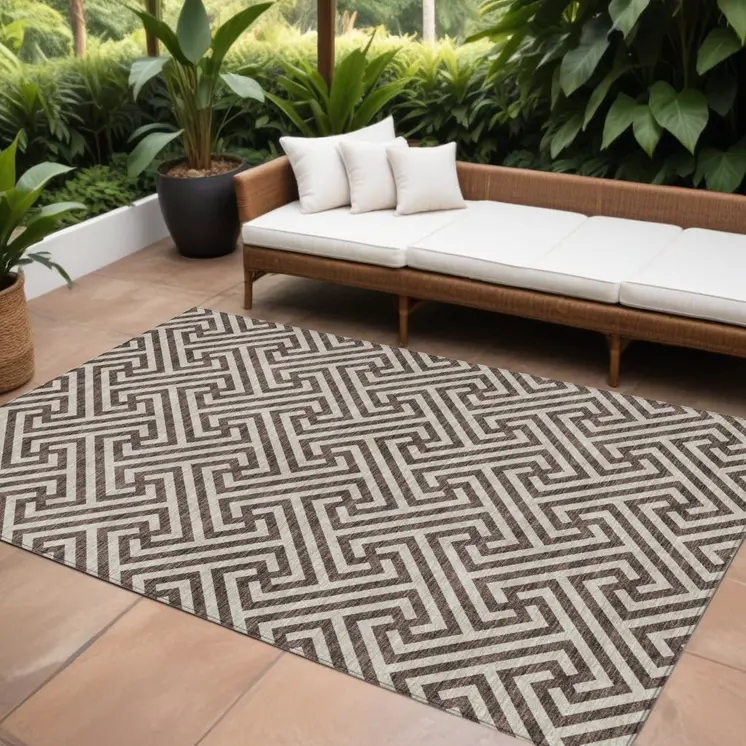 10' X 14' Brown And Beige Geometric Washable Indoor Outdoor Area Rug
