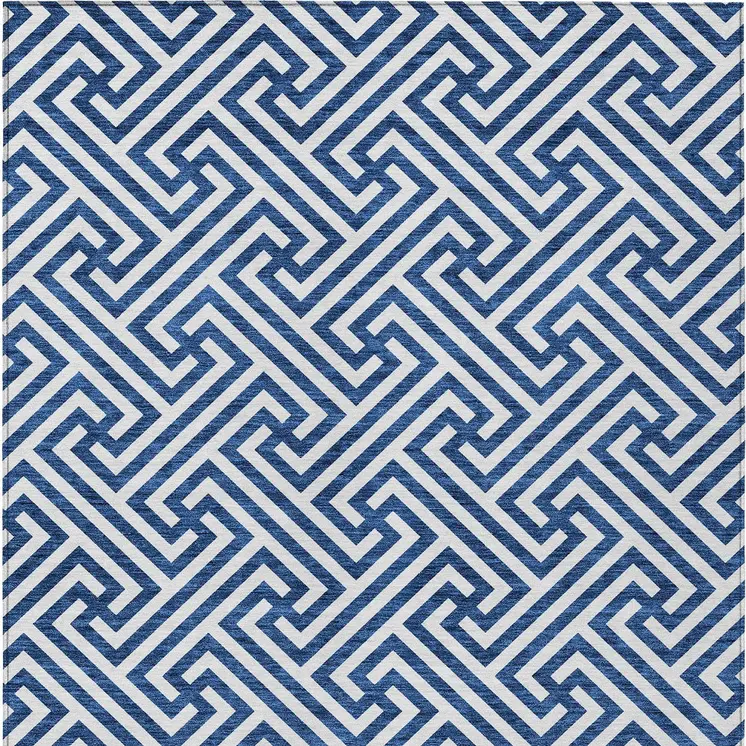 5' X 8' Blue And Ivory Geometric Washable Indoor Outdoor Area Rug