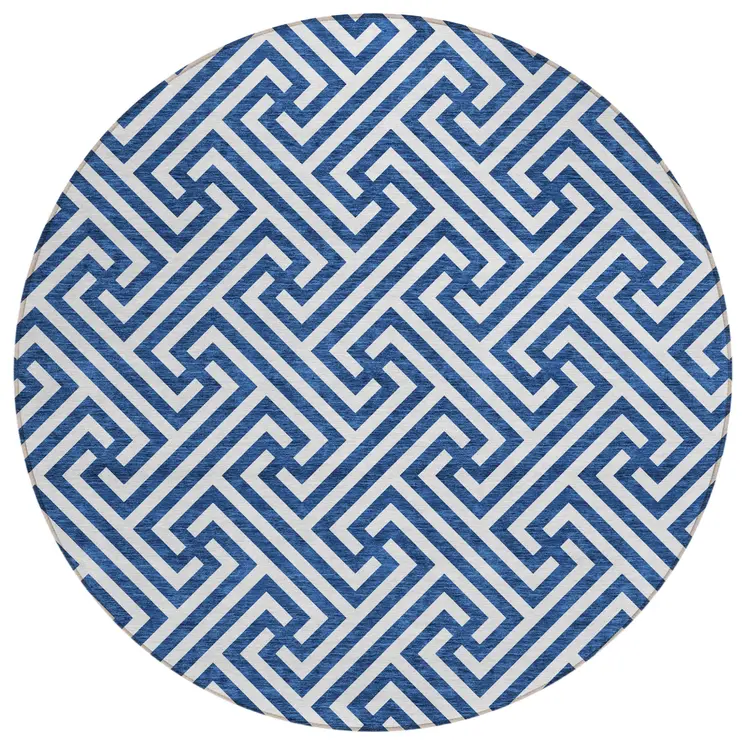8' Blue And Ivory Round Geometric Washable Indoor Outdoor Area Rug