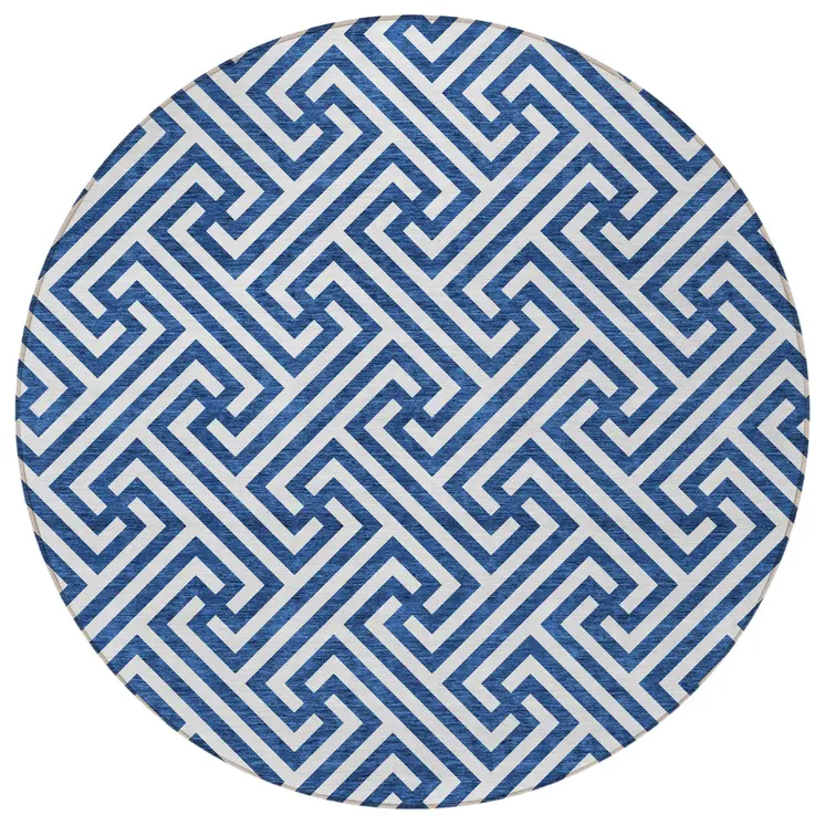 8' Blue And Ivory Round Geometric Washable Indoor Outdoor Area Rug