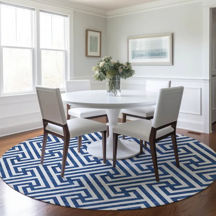 8' Blue And Ivory Round Geometric Washable Indoor Outdoor Area Rug
