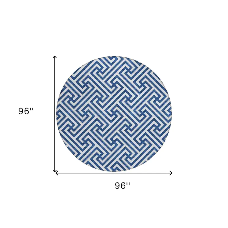 8' Blue And Ivory Round Geometric Washable Indoor Outdoor Area Rug