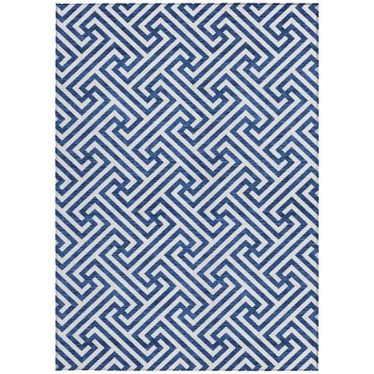 8' X 10' Blue And Ivory Geometric Washable Indoor Outdoor Area Rug