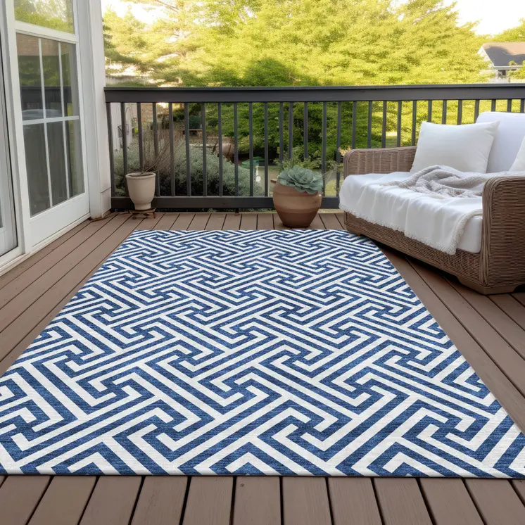 8' X 10' Blue And Ivory Geometric Washable Indoor Outdoor Area Rug