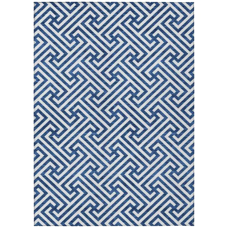 8' X 10' Blue And Ivory Geometric Washable Indoor Outdoor Area Rug