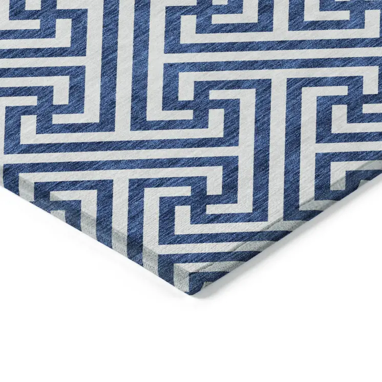 8' X 10' Blue And Ivory Geometric Washable Indoor Outdoor Area Rug