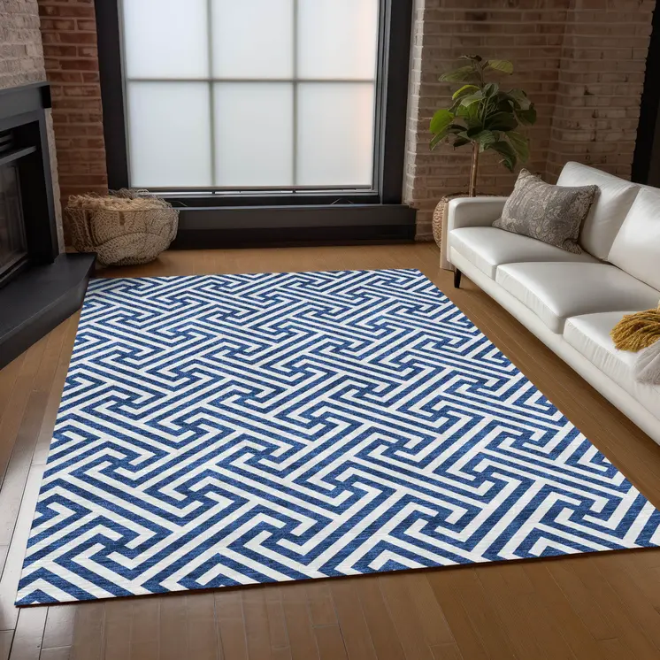 9' X 12' Blue And Ivory Geometric Washable Indoor Outdoor Area Rug