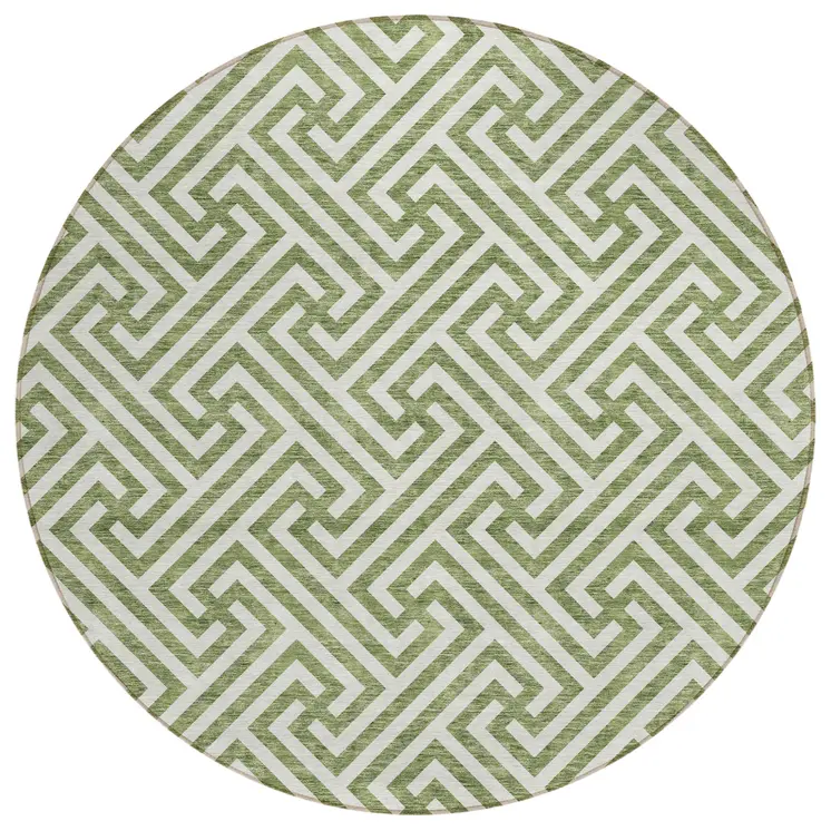 8' Green And Beige Round Geometric Washable Indoor Outdoor Area Rug
