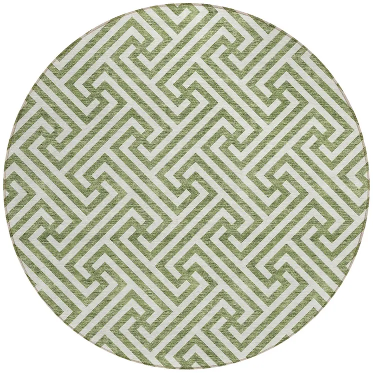 8' Green And Beige Round Geometric Washable Indoor Outdoor Area Rug