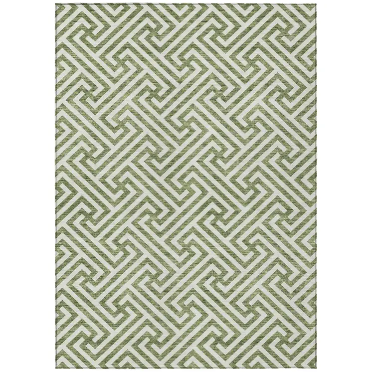 8' X 10' Green And Beige Geometric Washable Indoor Outdoor Area Rug