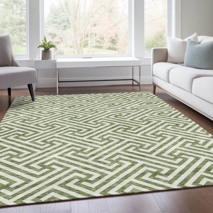 8' X 10' Green And Beige Geometric Washable Indoor Outdoor Area Rug