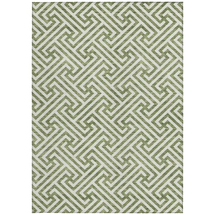 9' X 12' Green And Beige Geometric Washable Indoor Outdoor Area Rug