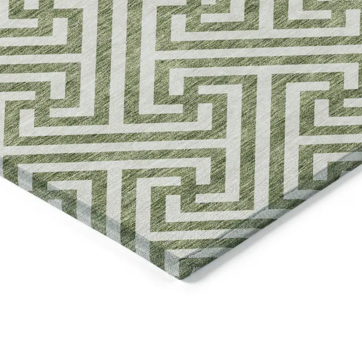 9' X 12' Green And Beige Geometric Washable Indoor Outdoor Area Rug