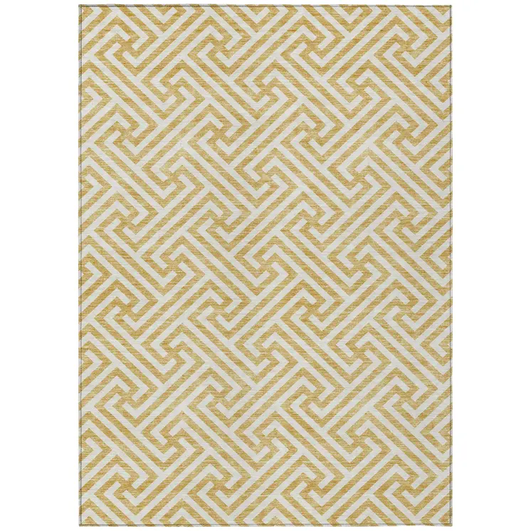 3' X 5' Gold And Ivory Geometric Washable Indoor Outdoor Area Rug
