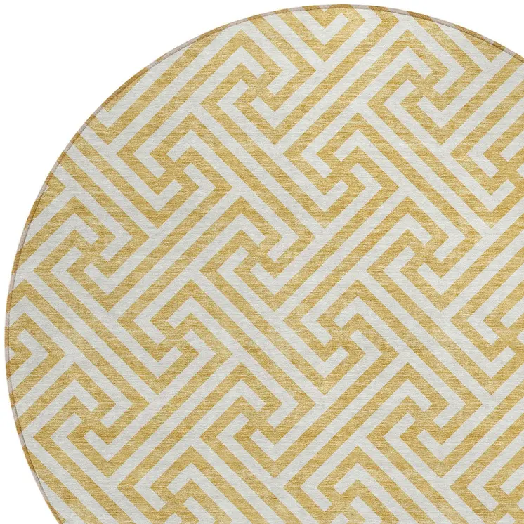 8' Gold And Ivory Round Geometric Washable Indoor Outdoor Area Rug