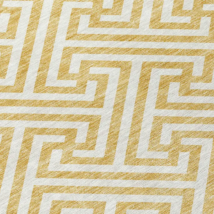 8' Gold And Ivory Round Geometric Washable Indoor Outdoor Area Rug
