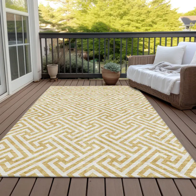 8' X 10' Gold And Ivory Geometric Washable Indoor Outdoor Area Rug